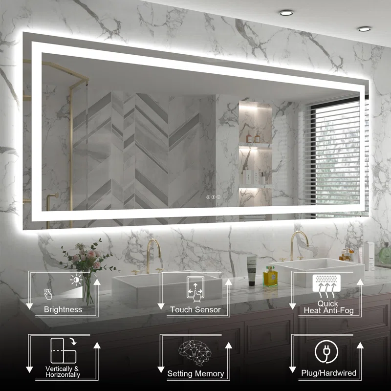 78" x 32" Double LED lights (front lit and backlit), 3 color changes, Dimmable, Anti-fog and waterproof