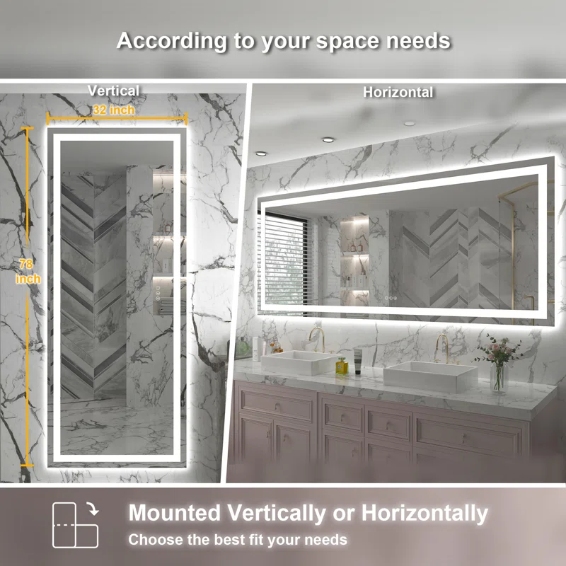78" x 32" Double LED lights (front lit and backlit), 3 color changes, Dimmable, Anti-fog and waterproof