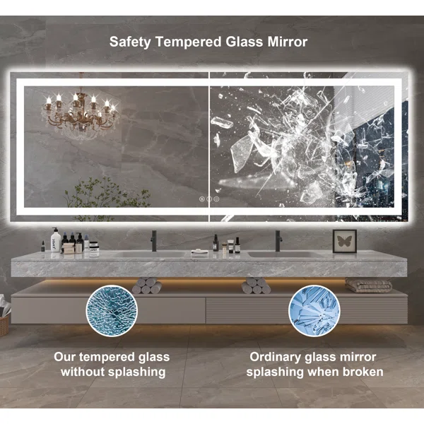72*32 Tempered Glass,Frameless, Anti-Fog, Dimmable, Backlit + Front Lit LED Vanity Mirror