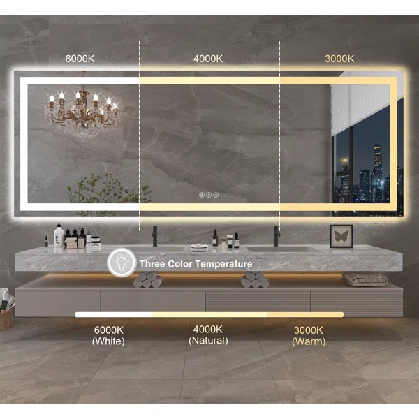 72*32 Tempered Glass,Frameless, Anti-Fog, Dimmable, Backlit + Front Lit LED Vanity Mirror