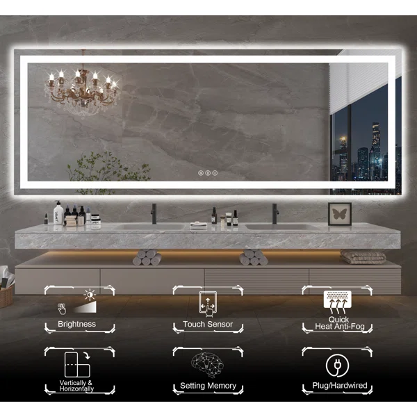 72*32 Tempered Glass,Frameless, Anti-Fog, Dimmable, Backlit + Front Lit LED Vanity Mirror