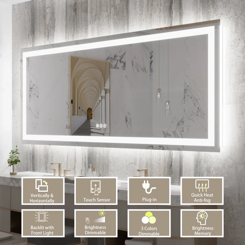 88" x 38" Tempered Glass LED Bathroom Mirror with Front and Backlight, Anti-Fog, 3 Colors