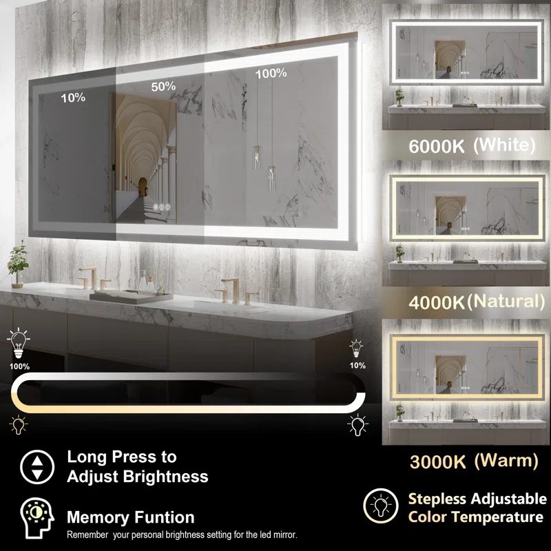88" x 38" Tempered Glass LED Bathroom Mirror with Front and Backlight, Anti-Fog, 3 Colors