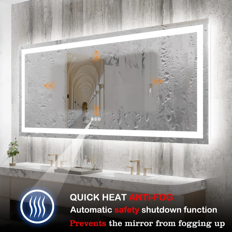 88" x 38" Tempered Glass LED Bathroom Mirror with Front and Backlight, Anti-Fog, 3 Colors