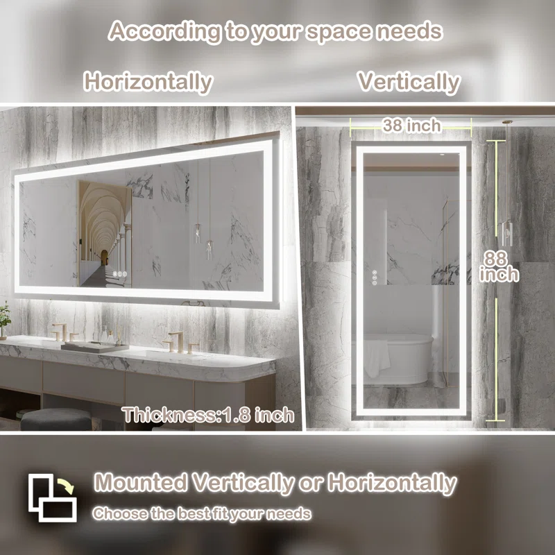 88" x 38" Tempered Glass LED Bathroom Mirror with Front and Backlight, Anti-Fog, 3 Colors