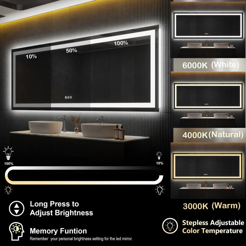 94" x 36" Double LED lights (front lit and backlit), 3 color changes, Dimmable, Anti-fog and waterproof