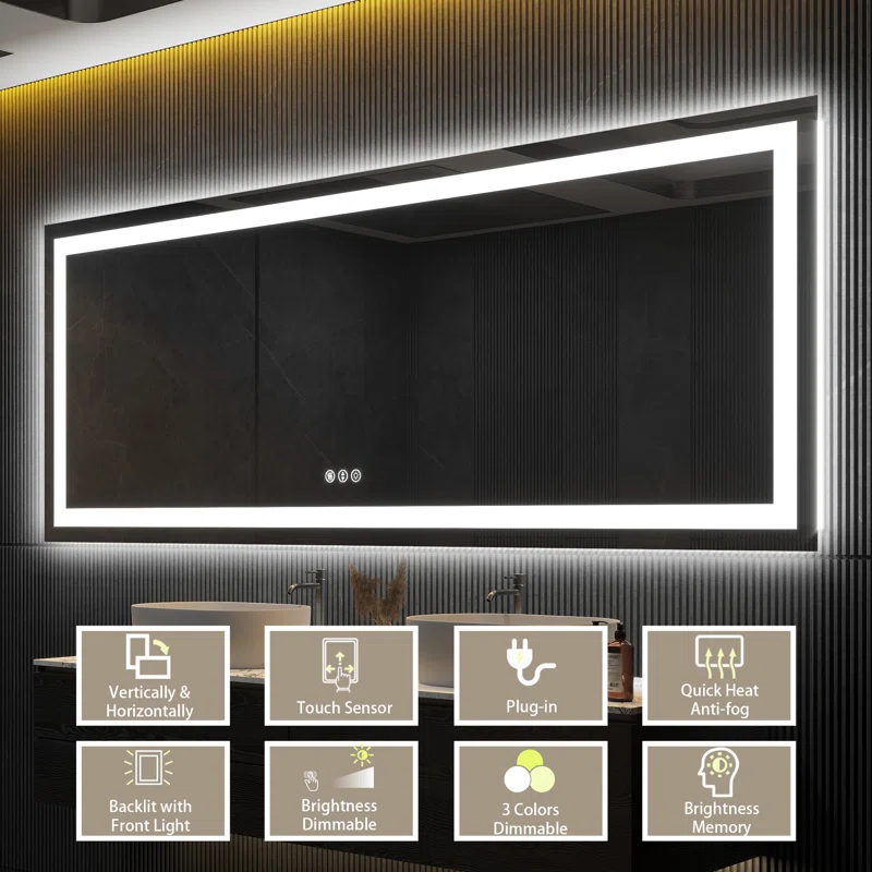 94" x 36" Double LED lights (front lit and backlit), 3 color changes, Dimmable, Anti-fog and waterproof