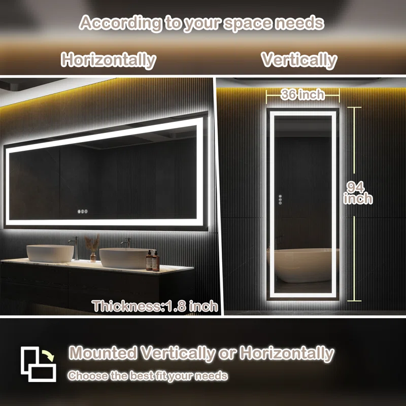 94" x 36" Double LED lights (front lit and backlit), 3 color changes, Dimmable, Anti-fog and waterproof