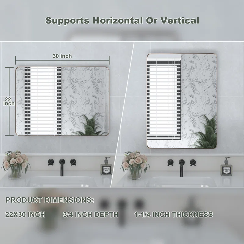 22" x 30" Filleted Corner Wall Mounted Mirror, Bathroom Mirror, Vanity Wall Mirror With Aluminum Frame