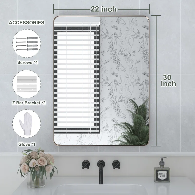 22" x 30" Filleted Corner Wall Mounted Mirror, Bathroom Mirror, Vanity Wall Mirror With Aluminum Frame