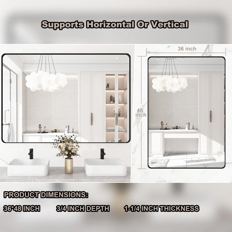 48" x 36" Filleted Corner Wall Mounted Mirror, Bathroom Mirror, Vanity Wall Mirror With Aluminum Frame