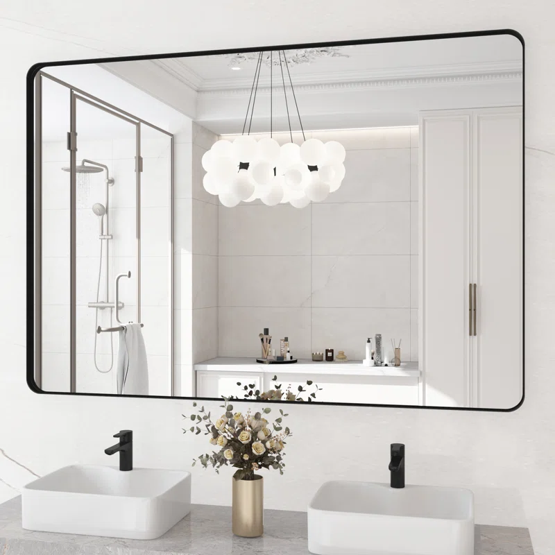 48" x 36" Filleted Corner Wall Mounted Mirror, Bathroom Mirror, Vanity Wall Mirror With Aluminum Frame