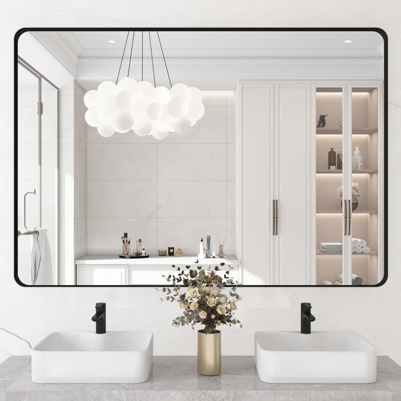 48" x 36" Filleted Corner Wall Mounted Mirror, Bathroom Mirror, Vanity Wall Mirror With Aluminum Frame