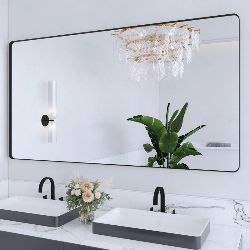 55" x 30" Filleted Corner Wall Mounted Mirror, Bathroom Mirror, Vanity Wall Mirror With Aluminum Frame
