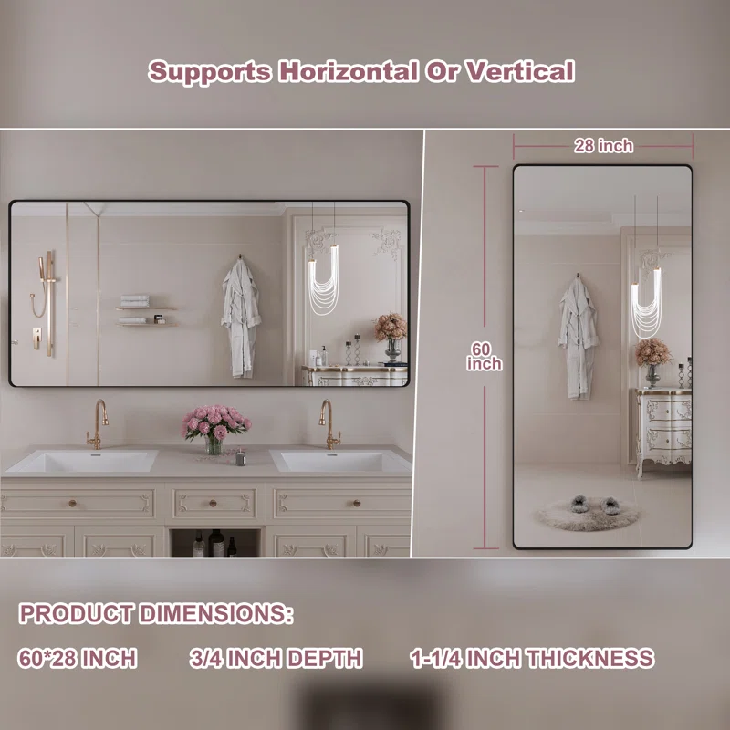 60" x 28" Filleted Corner Wall Mounted Mirror, Bathroom Mirror, Vanity Wall Mirror With Aluminum Frame