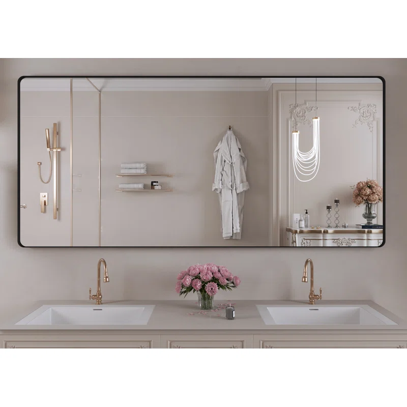 60" x 28" Filleted Corner Wall Mounted Mirror, Bathroom Mirror, Vanity Wall Mirror With Aluminum Frame