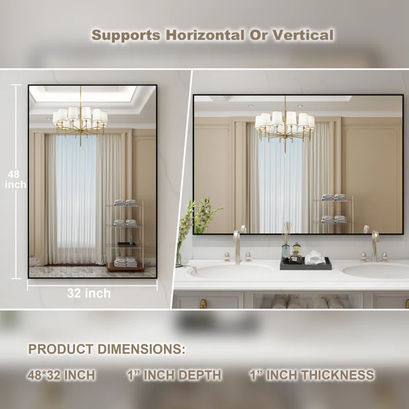 48" x 32" Lesamuel Wall Mounted Vanity Mirror w/ Aluminum Frame for Bedroom, Entryway, Living Room