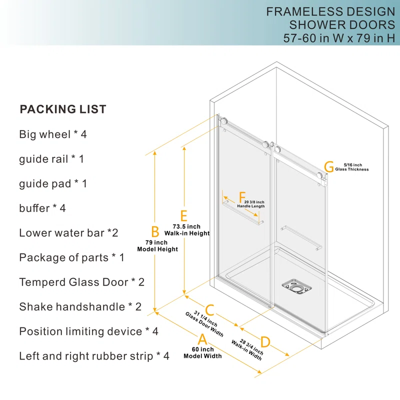 60" W x 79" in H Frameless Shower Door with Advanced Closing System