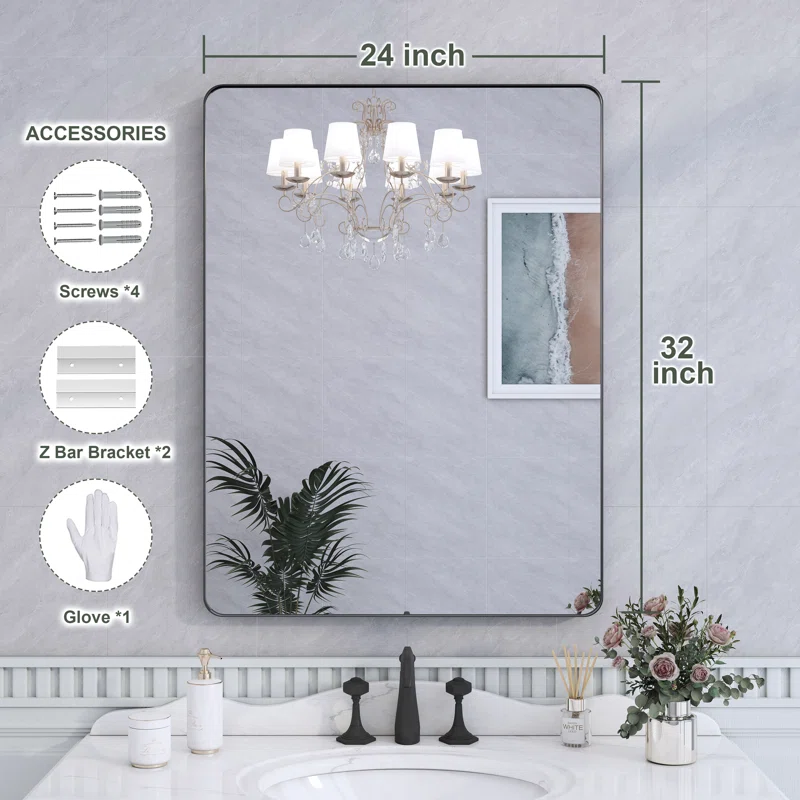 24" x 32" Filleted Corner Wall Mounted Mirror, Bathroom Mirror, Vanity Wall Mirror With Black Aluminum Frame 