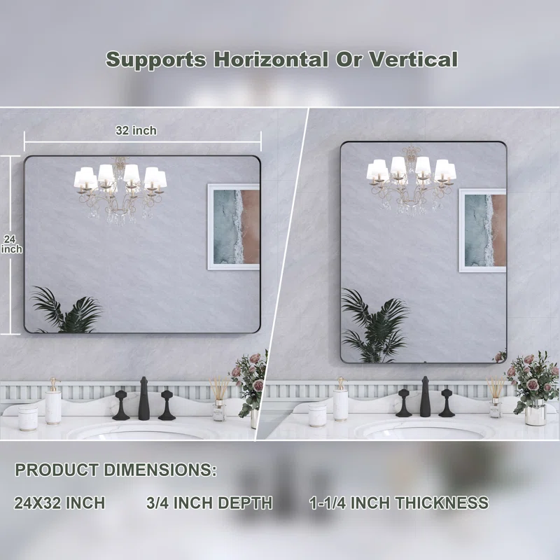 24" x 32" Filleted Corner Wall Mounted Mirror, Bathroom Mirror, Vanity Wall Mirror With Black Aluminum Frame 