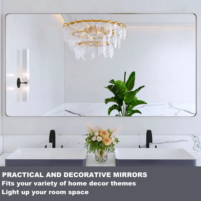 55" x 30" Filleted Corner Wall Mounted Mirror, Bathroom Mirror, Vanity Wall Mirror With Aluminum Frame