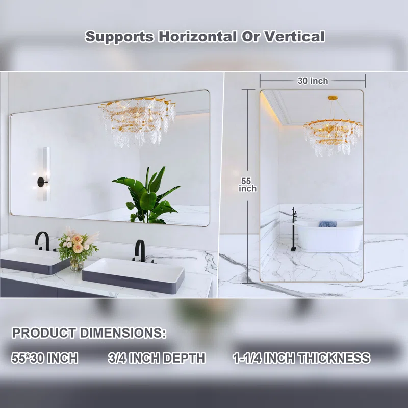 55" x 30" Filleted Corner Wall Mounted Mirror, Bathroom Mirror, Vanity Wall Mirror With Aluminum Frame