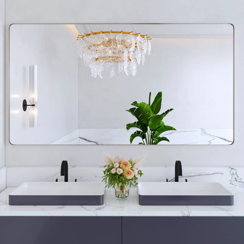 55" x 30" Filleted Corner Wall Mounted Mirror, Bathroom Mirror, Vanity Wall Mirror With Aluminum Frame