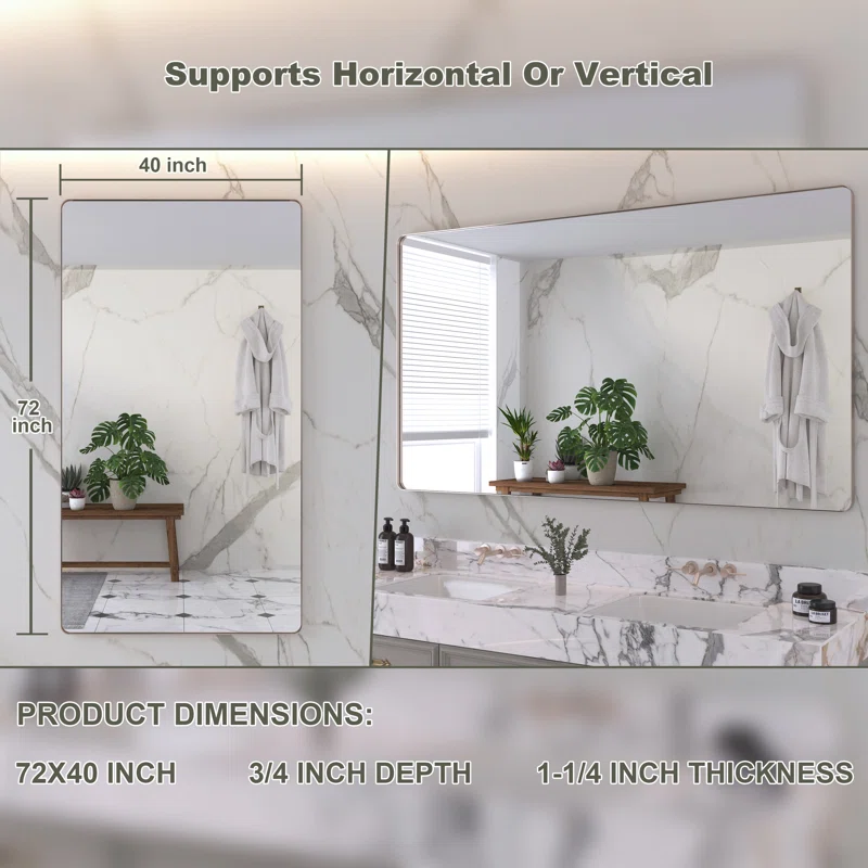 72" x 40" Filleted Corner Wall Mounted Mirror, Bathroom Mirror, Vanity Wall Mirror With Aluminum Frame