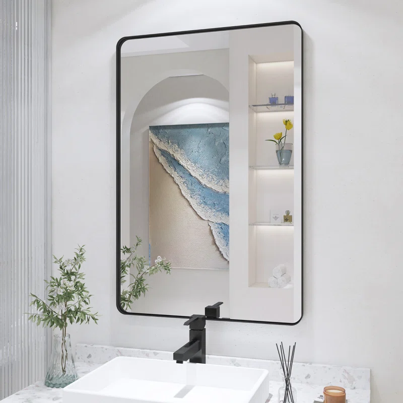 24" x 36" Filleted Corner Wall Mounted Mirror, Bathroom Mirror, Vanity Wall Mirror With Aluminum Frame
