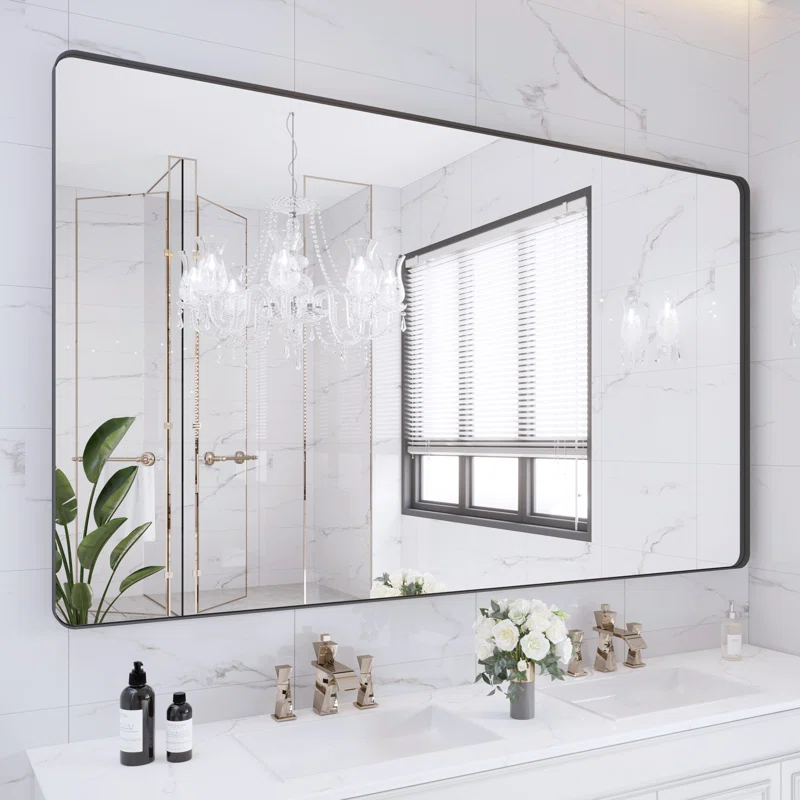 60" x 36" Filleted Corner Wall Mounted Mirror, Bathroom Mirror, Vanity Wall Mirror With Aluminum Frame