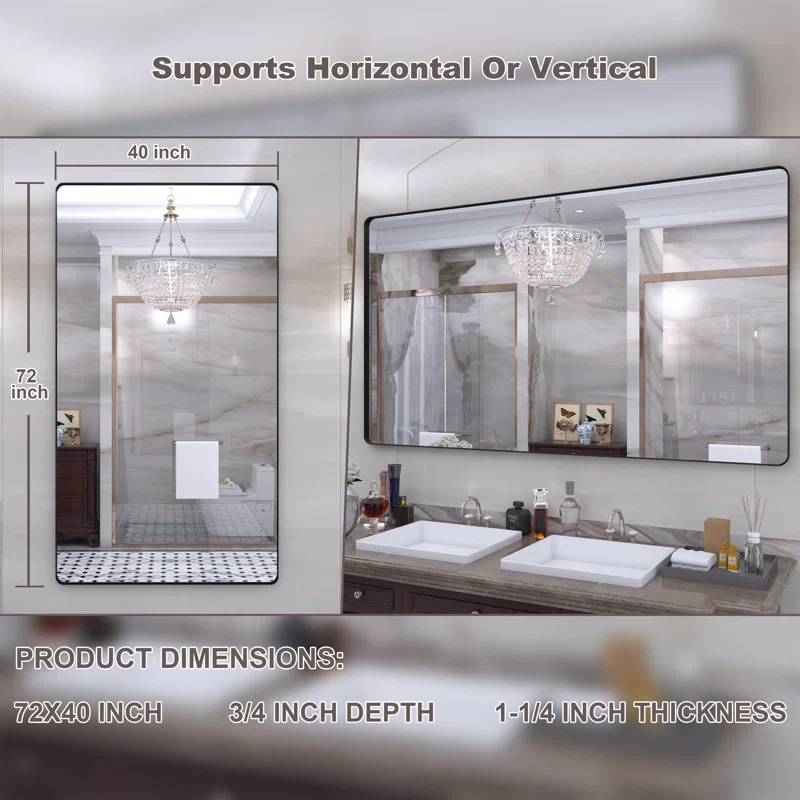 72" x 40" Filleted Corner Wall Mounted Mirror, Bathroom Mirror, Vanity Wall Mirror With Aluminum Frame