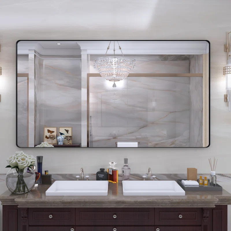 72" x 40" Filleted Corner Wall Mounted Mirror, Bathroom Mirror, Vanity Wall Mirror With Aluminum Frame