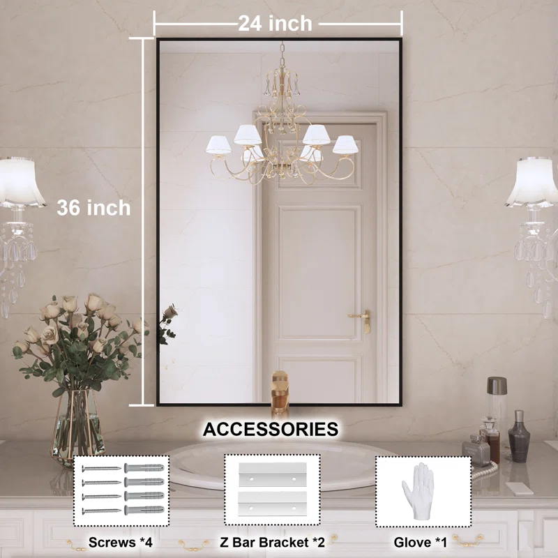 24" x 36" Lesamuel Wall Mounted Vanity Mirror w/ Aluminum Frame for Bedroom, Entryway, Living Room