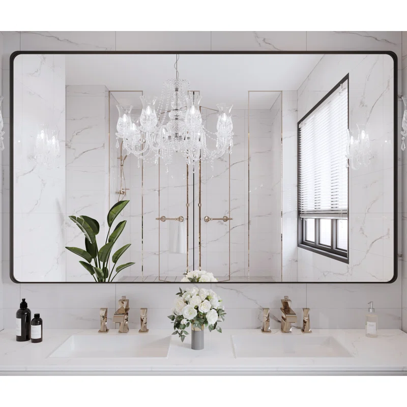 60" x 36" Black Filleted Corner Wall Mounted Mirror, Bathroom Mirror, Vanity Wall Mirror With Metal Frame