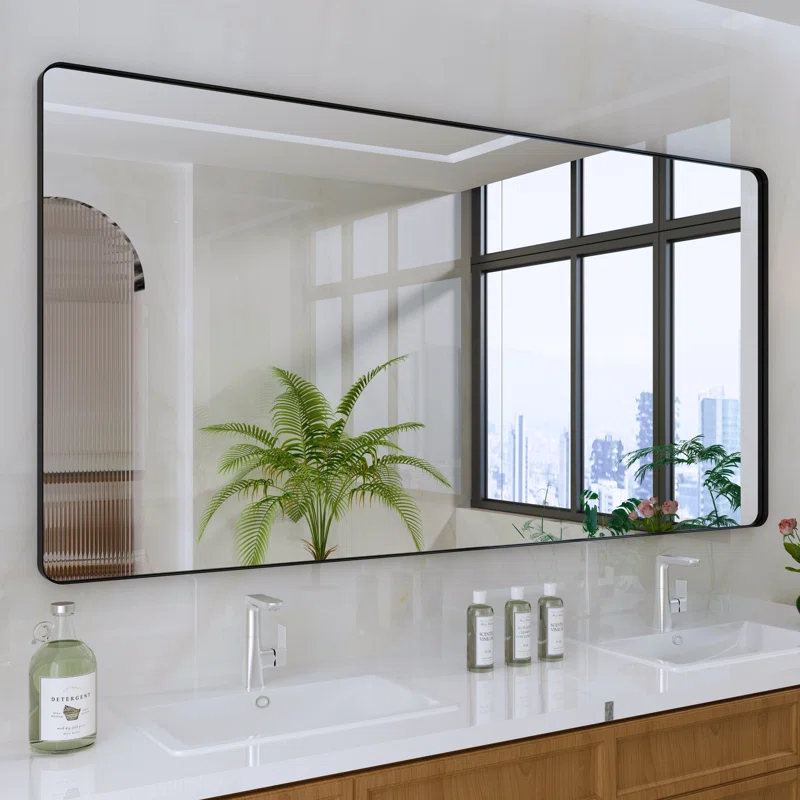 72'' x 36 ''Black Filleted Corner Wall Mounted Mirror, Bathroom Mirror, Vanity Wall Mirror With Metal Frame
