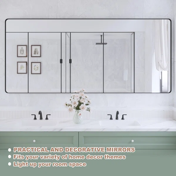 72" x 32" Silver Filleted Corner Wall Mounted Mirror, Bathroom Mirror