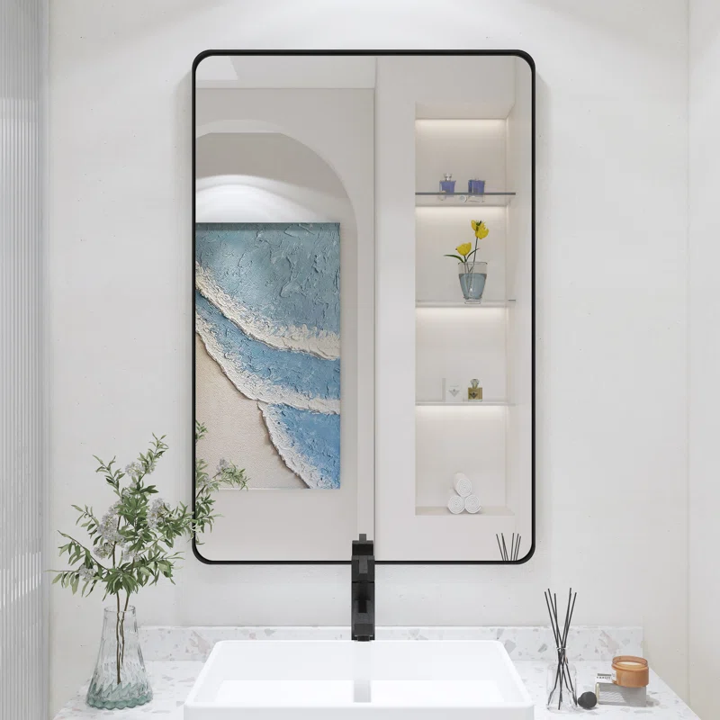 24" x 36" Black Filleted Corner Wall Mounted Mirror, Bathroom Mirror, Vanity Wall Mirror With Metal Frame