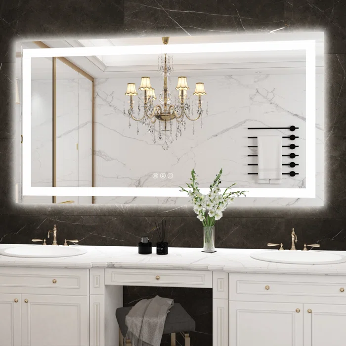 55" x 30" Tempered Glass,Frameless, Anti-Fog, Dimmable, Backlit + Front Lit LED Vanity Mirror