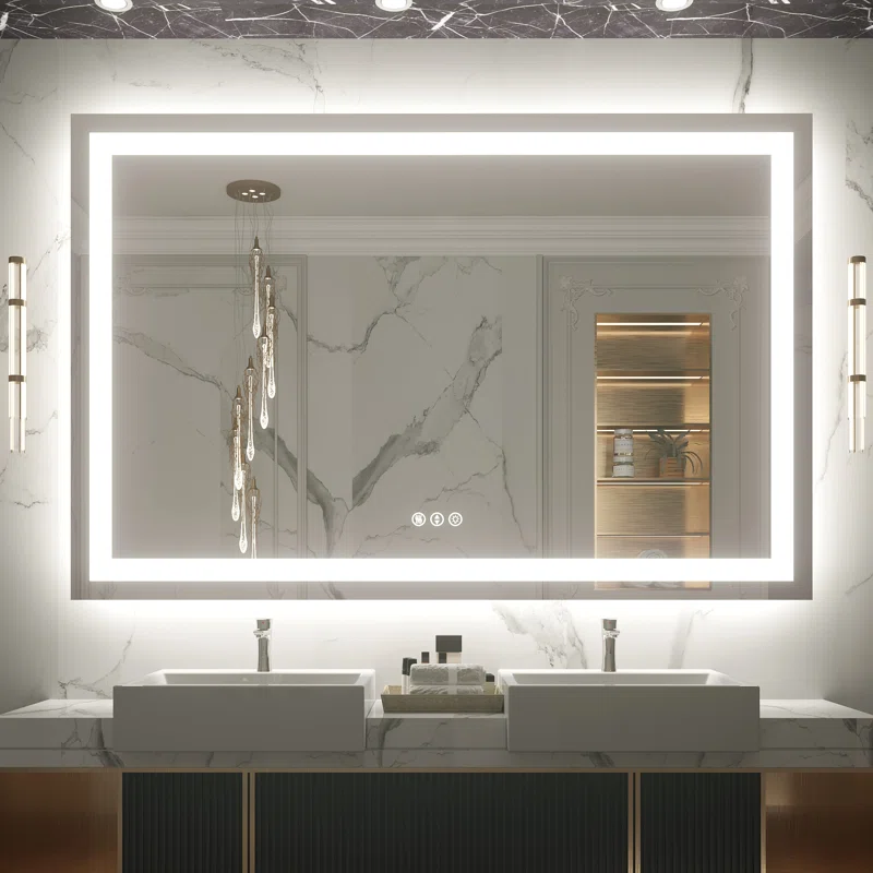 55" x 36" Tempered Glass LED Bathroom Mirror with Front and Backlight, Anti-Fog, 3 Colors 