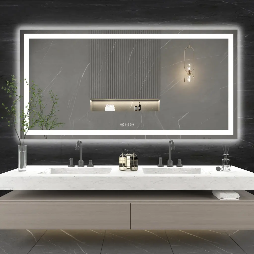 72''x36'' Tempered Glass Frameless LED Bathroom Mirror with Front and Backlight 