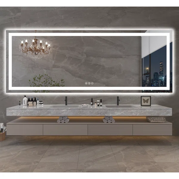 84" x 32" Tempered Glass Frameless LED Bathroom Mirror with Front and Backlight 