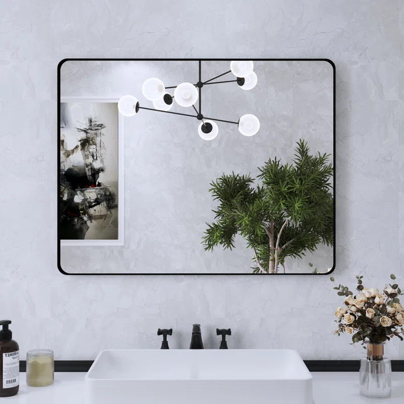28" x 36" Filleted Corner Wall Mounted Mirror, Bathroom Mirror, Vanity Wall Mirror With Aluminum Frame