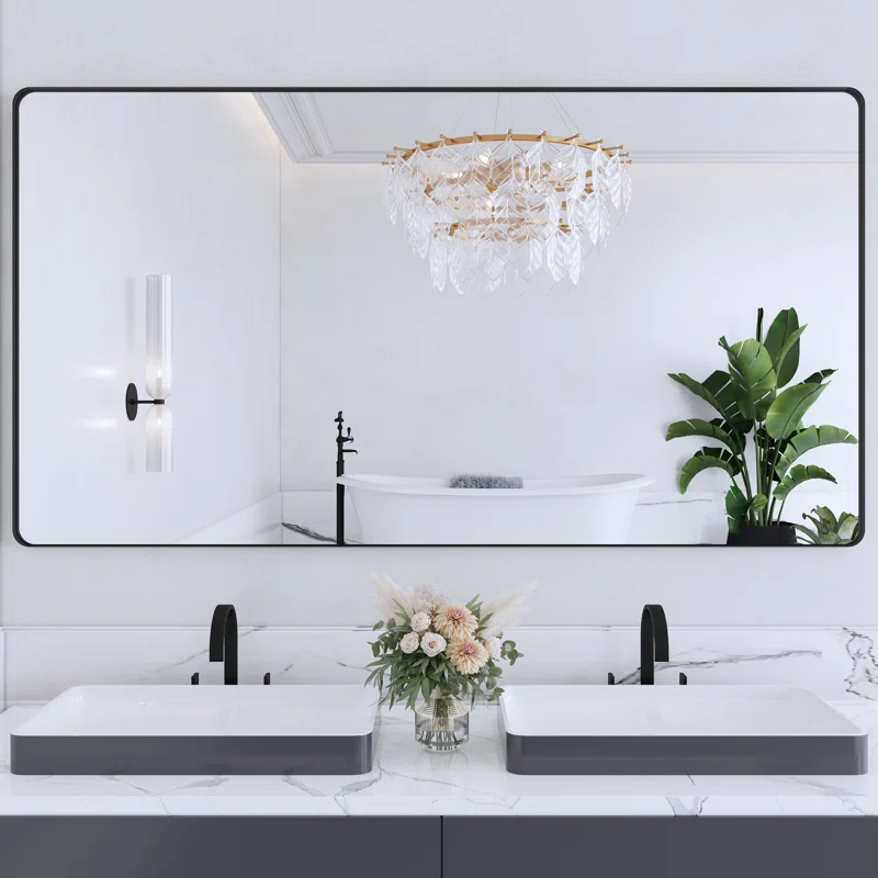 55" x 30" Black Filleted Corner Wall Mounted Mirror, Bathroom Mirror, Vanity Wall Mirror With Metal Frame 