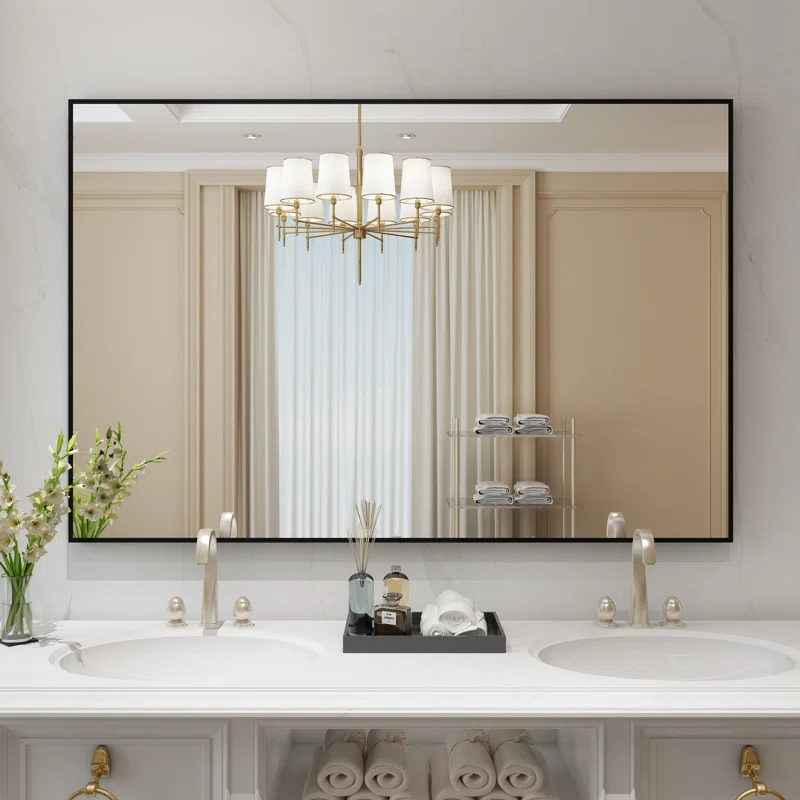 48" x 32" Black Vanity Wall Mirror With Aluminum Frame,Bathroom Mirror