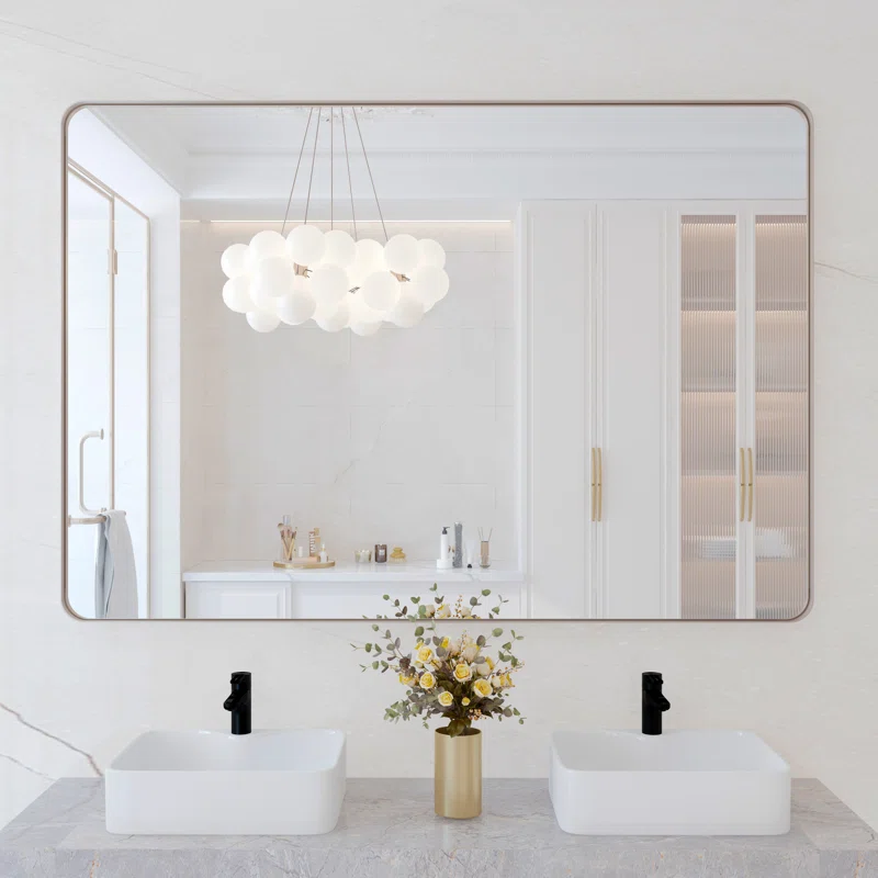 48" x 36" Silver Filleted Corner Wall Mounted Mirror, Bathroom Mirror