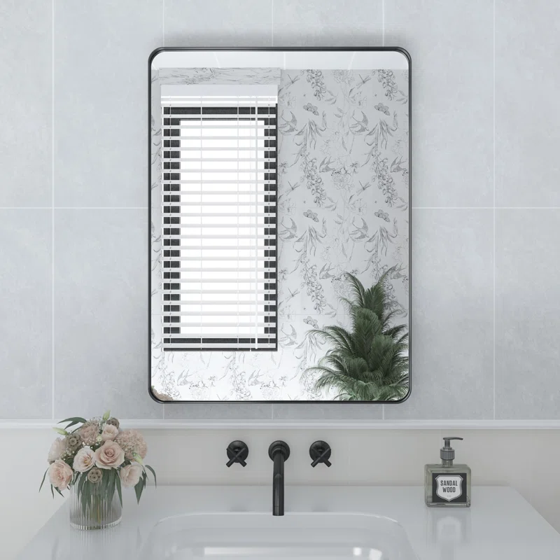 22" x 30" Black Filleted Corner Wall Mounted Mirror, Bathroom Mirror, Vanity Wall Mirror With Metal Frame