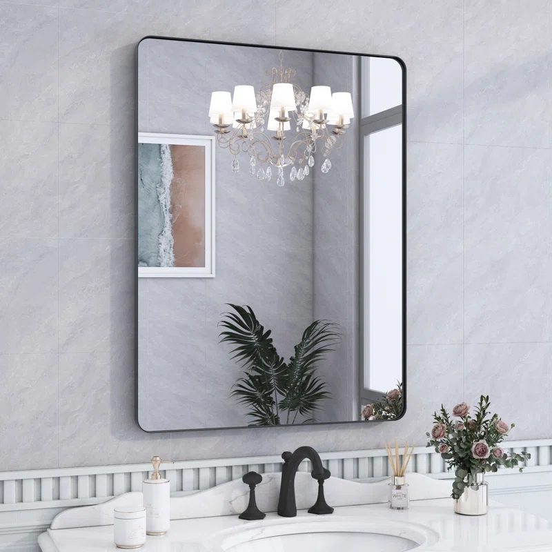 24" x 32" Black Filleted Corner Wall Mounted Mirror, Bathroom Mirror, Vanity Wall Mirror With Metal Frame